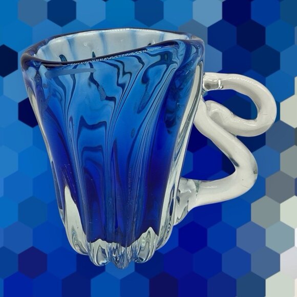 Hand Blown Art Glass Mis-Shapened Blue and Clear Glass 5.25 Inches Tall w/Handle - Picture 4 of 16